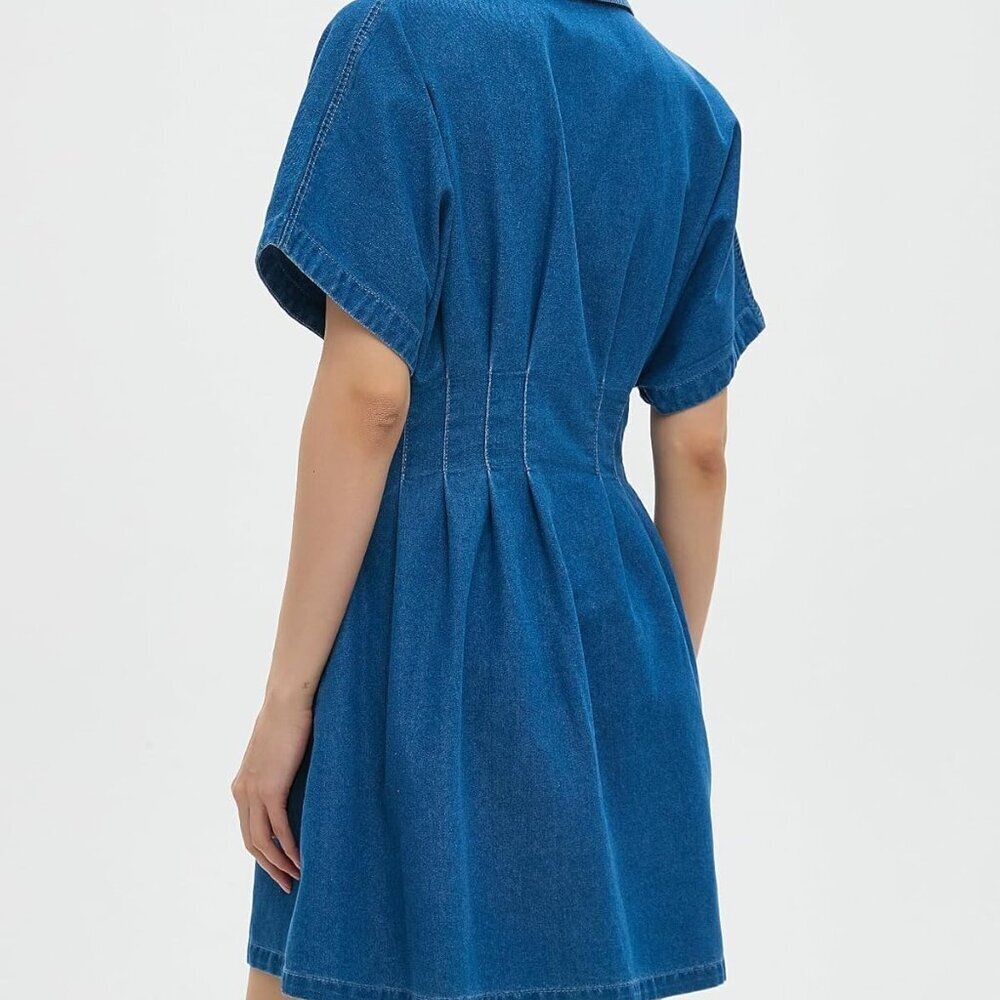 Women's Denim Dress V-Neck Slim Fit Mini A-Line Casual Summer - Picture 2 of 6